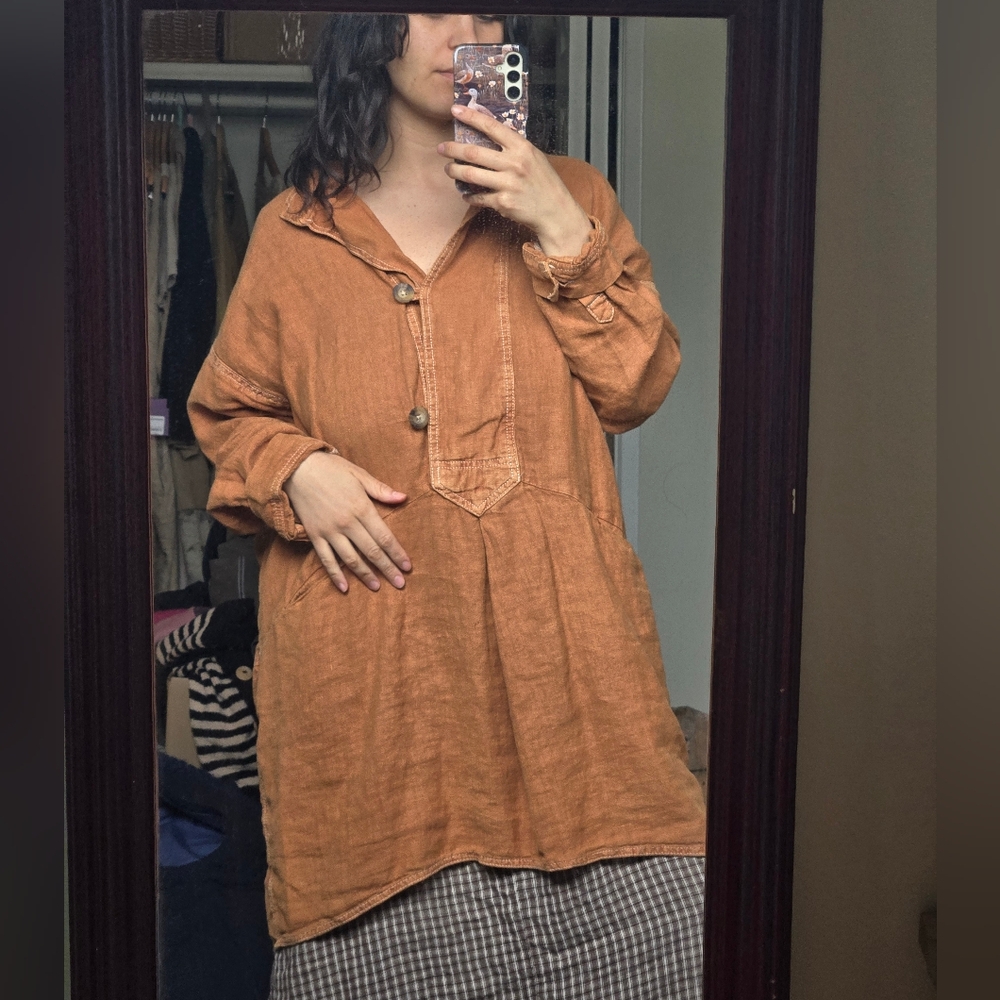 Rust Orange 100% Linen Button-Up Tunic